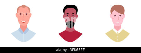 Three men with different hair colors and facial features. One is wearing glasses and a blue shirt. The other two are wearing red shirts Stock Vector