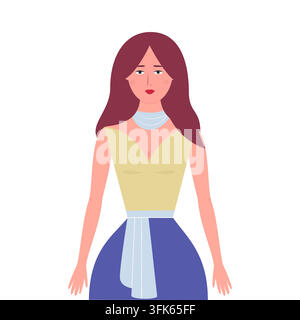 A woman in a yellow top and blue skirt is standing in front of a white background. She is wearing a blue scarf around her neck Stock Vector