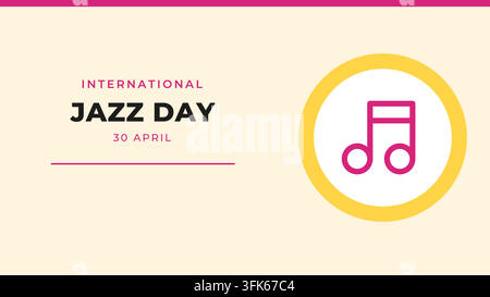 International Jazz Day (30 April) wide banner: bold title lettering and date on the left, line icon in a circle on the right, empty copy space below f Stock Vector