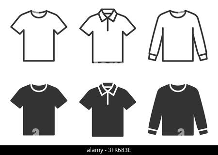 T-shirt polo shirt sweater icons in black and white illustrations. Vector illustration Stock Vector