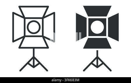 Studio lighting equipment icons: spotlights with adjustable barn doors on stands Stock Vector