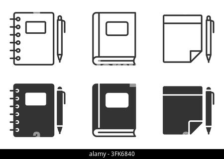 Set of notebook, book, and notepad icons with pen in black and white. Vector illustration Stock Vector