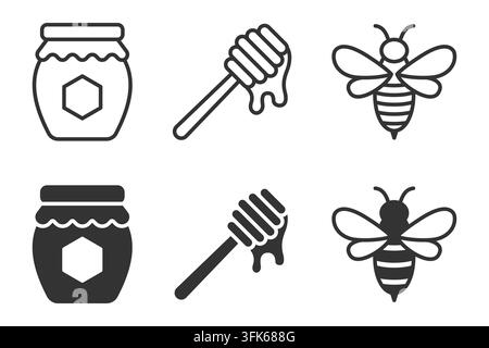 Honey jar dipper bee icons set in black and white design. Vector illustration Stock Vector