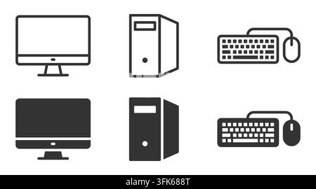 Minimalist computer icons set with desktop, tower, keyboard, and mouse in black and white. Vector illustration Stock Vector
