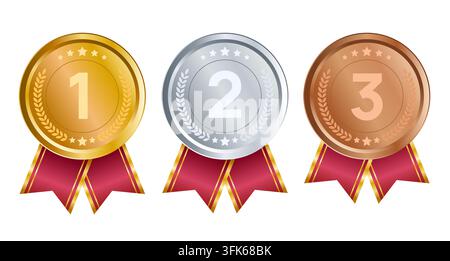 3d glossy Award Medals in Gold, Silver, Bronze with red ribbons isolated on background. Realistic 3d icon set with 1st, 2nd, 3rd Place Medals. Stock Photo