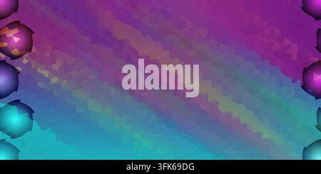 An abstract, grainy textured digital background featuring diagonal color bands of purple, magenta, yellow, and blue, framed by decorative circular mot Stock Photo
