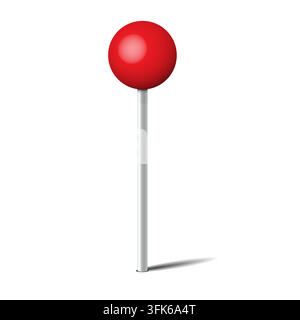 A red pin standing upright on a white surface. The pin has a round top and a thin pole beneath it. The shadow below adds depth to the image. 3D vector illustration Stock Vector