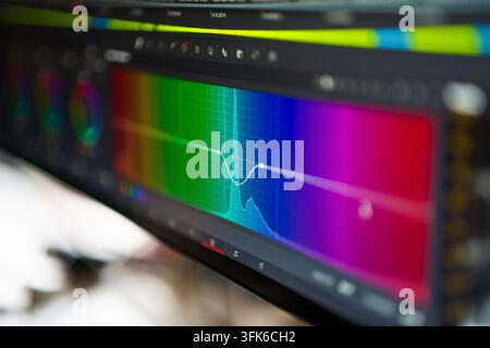 Close up shot of a colorist monitor displaying a color grading software interface with a detailed RGB color curve and histogram. The display captures Stock Photo