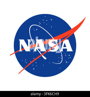 The NASA design with a blue circle and red swoosh. It features bold letters spelling NASA in white. Stars are visible in the background. Vector logo isolated on white background Stock Vector