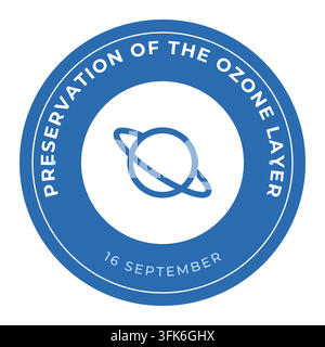 Preservation of the Ozone Layer (16 September) round badge or logo: circular text around a line icon on a sky-toned ring. Text as outlines. Vector ill Stock Vector