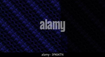 Dark blue abstract futuristic background featuring repeating geometric patterns and lighting gradients with a distinct seam. Stock Photo