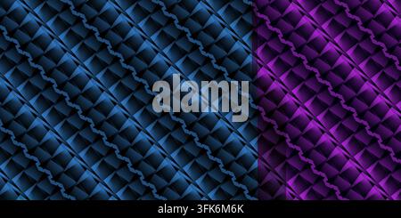 Seamless abstract geometric pattern background with a vertical split showing blue and bright purple diagonal metallic textured shapes. Stock Photo