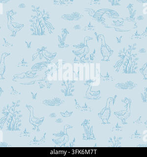 Vintage ducks seamless pattern vector illustration, hand drawn toile de jouy background Stock Vector