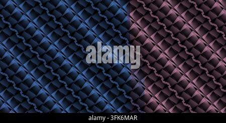 An abstract design showcasing a geometric patterned background split vertically between blue and pink color tones. Stock Photo