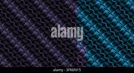 Abstract geometric pattern featuring a dynamic blend of dark purple and bright blue diagonal tiles with a metallic textured look. Stock Photo