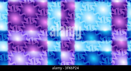 Vibrant abstract background with a checkered pattern of bright blue and purple glowing wavy shapes creating a dynamic effect. Stock Photo