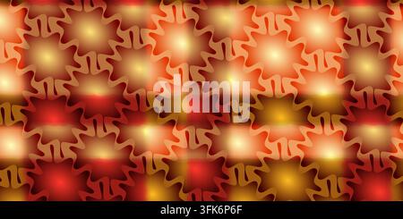 Seamless pattern featuring abstract wavy-edged starburst shapes with a glowing gradient in warm shades of gold, orange, and red. Stock Photo