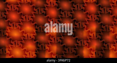 Repeating geometric seamless pattern of wavy starburst shapes with smooth orange and red radial gradient lighting effects creating texture. Stock Photo