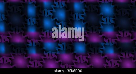 Bright abstract background with vibrant blue and purple glowing shapes arranged in a dynamic geometric repeating pattern. Stock Photo