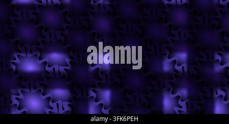Seamless pattern with glowing abstract purple star shapes against a dark purple background. Stock Photo