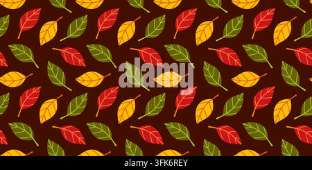 Hand drawn autumn leaves seamless pattern vector. Splendid flat style colorful foliage background on dark brown backdrop. Perfect for Thanksgiving hol Stock Vector