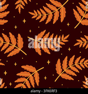 Gorgeous hand drawn autumn leaves seamless pattern vector. Elegant flat style orange rowan foliage background with gold stars on dark burgundy backdro Stock Vector