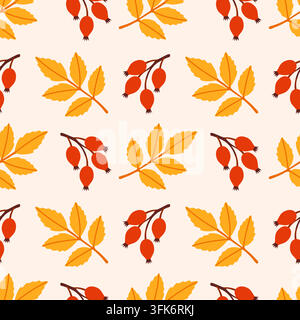 Lovely hand drawn rosehip berry seamless pattern vector. Charming flat style orange foliage and red autumn berries background on beige backdrop. Perfect for cozy Thanksgiving wrapping paper. Stock Vector