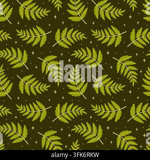 Splendid hand drawn autumn leaves seamless pattern vector. Elegant flat style green rowan fern foliage background with gold stars on dark backdrop. Perfect for holiday wrapping paper and textile. Stock Vector