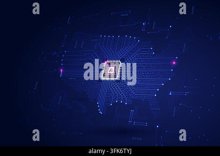 AI chip circuit board shaped as USA map, digital technology illustration, artificial intelligence microchip, tech innovation, Stock Vector