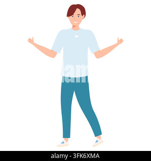 Vector illustration of a young man in casual blue pants and white shirt, smiling with open arms Stock Vector
