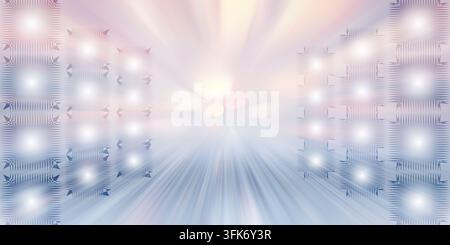 An abstract background featuring glowing square light patterns arranged in columns with a dynamic radial motion blur effect in soft pastel tones. Stock Photo