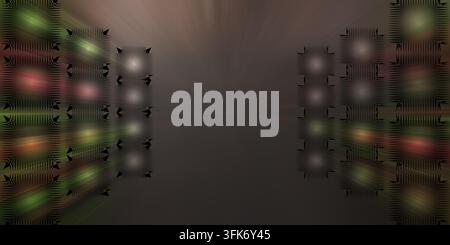An abstract dark background featuring rows of glowing square panels with subtle multicolored light effects and a soft, moody atmosphere. Stock Photo