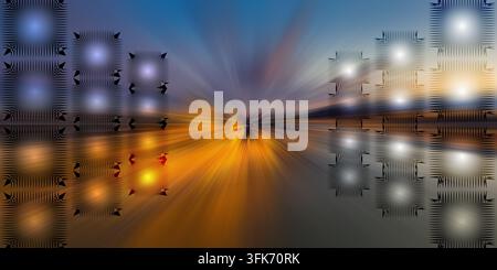 A conceptual digital artwork depicting glowing square light structures reflected over a horizon with a warm sunset-inspired radial blur background. Stock Photo