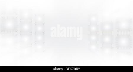 A minimalist abstract background featuring symmetrical glowing square grid patterns arranged in columns, set against a clean and bright white backdrop Stock Photo