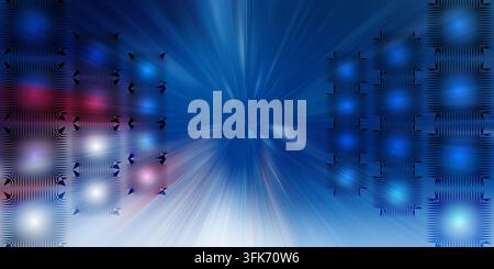 A dynamic abstract background showing vertical rows of glowing blue square panels framing a central blue light burst with motion blur. Stock Photo