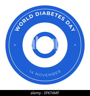 World Diabetes Day (14 November) round badge or logo: circular text around a line icon on a blue ring-toned ring. Text as outlines. Vector illustratio Stock Vector