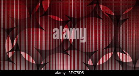 Vibrant abstract textured background featuring vertical red stripes and overlapping black circular geometric patterns Stock Photo