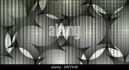 Abstract geometric background with intersecting circles and vertical stripes pattern in grey and white Stock Photo