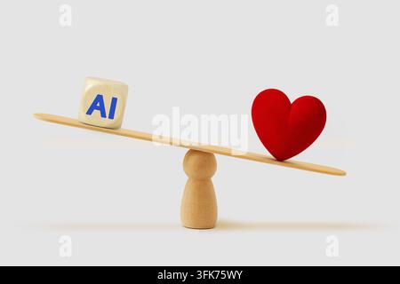 Balance scale with ai icon and heart - Concept of prioritizing love and human emotions over technology and artificial intelligence Stock Photo