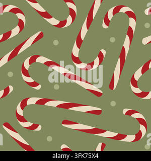 Christmas seamless pattern with candy canes on green background for seasonal winter holiday design, packaging, wrapping paper Stock Vector