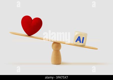 Balance scale with heart and ai icon - Concept of prioritizing technology and artificial intelligence over love and human emotions Stock Photo