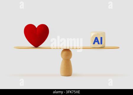 Balance scale with heart and ai icon - Concept of striking the right balance between human emotions and artificial intelligence Stock Photo