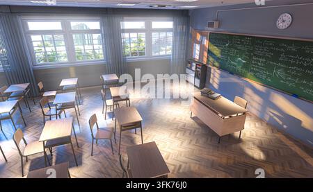 Empty school classroom showing desks 3d Stock Photo