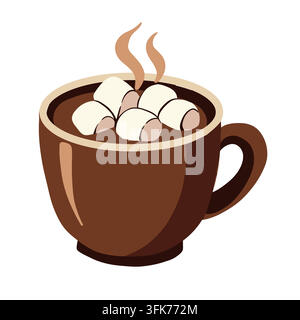 Hot chocolate mug marshmallows cocoa beverage vector illustration winter drink. A steaming cup filled with creamy cocoa and floating marshmallows Stock Vector