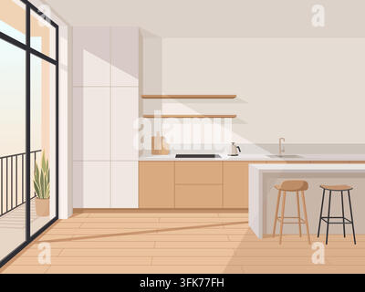 Modern Kitchen Interior Design Vector Illustration With Furniture And Balcony View Stock Vector