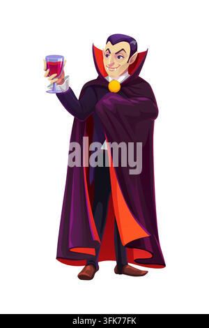 Cartoon Halloween vampire character, spooky Dracula personage with blood in wineglass. Creepy vector gothic monster, count with fangs and peaked ears Stock Vector