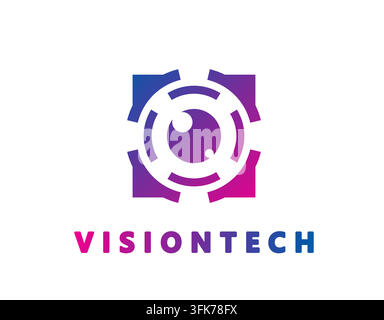Computer vision technology icon featuring shutter lens camera aperture ring with futuristic central human eye. Modern emblem for cyber security firms, Stock Vector