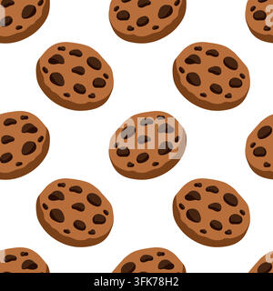 Chocolate chip cookie pattern cocoa biscuit dessert vector seamless repeat illustration. Round baked cookies with scattered dark chips create a Stock Vector