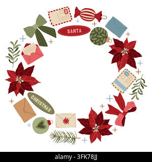 Hand-drawn Christmas round wreath or frame made of Christmas ornaments, red poinsettia flower, bows for greeting card or packaging Stock Vector