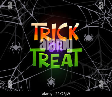 Trick or treat Halloween greeting vector card with white cobweb threads and hanging spider silhouettes. Party flyer, invitation and spooky greetings w Stock Vector
